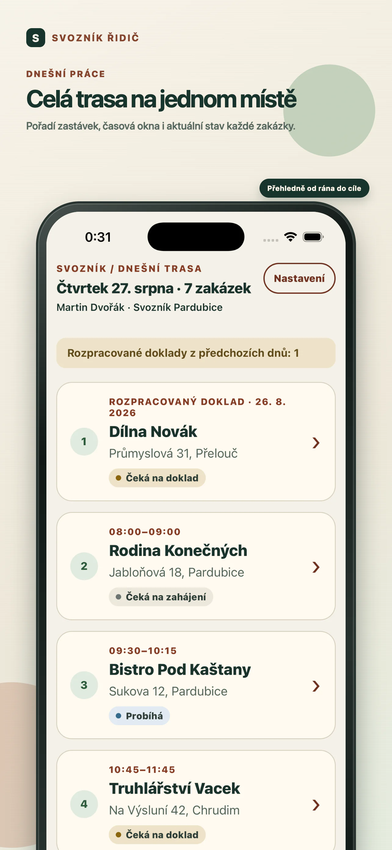Dnešní trasa v aplikaci Svozník Řidič