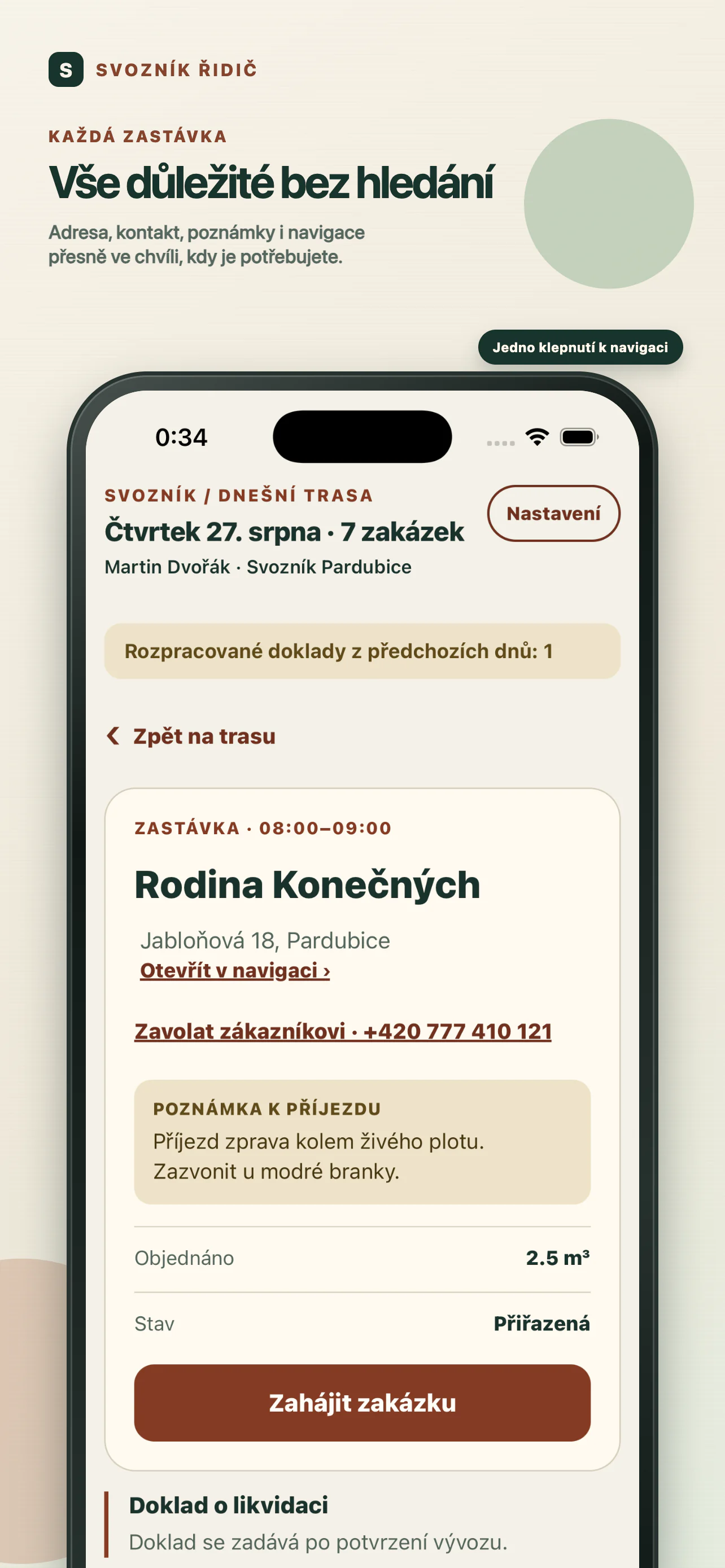 Detail výjezdu v aplikaci Svozník Řidič