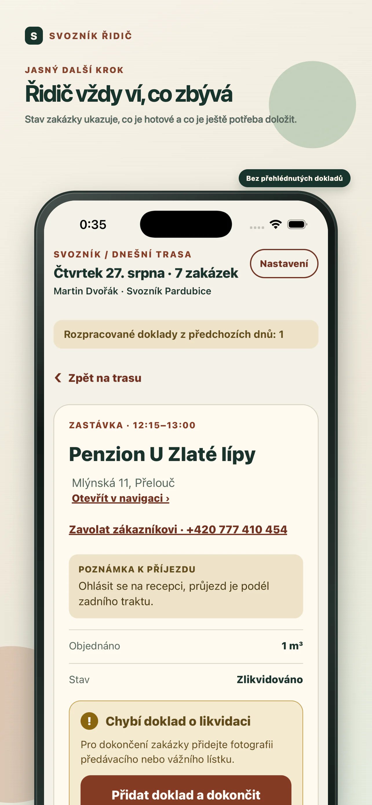 Doklad z ČOV v aplikaci Svozník Řidič